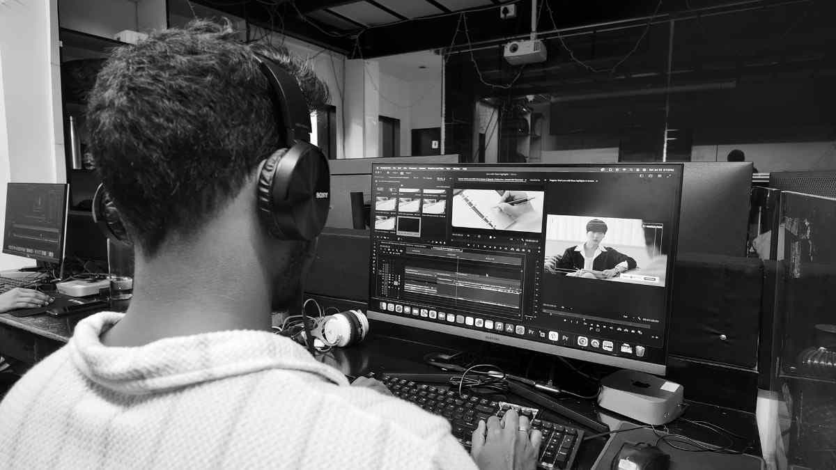 Edit bay, mid-flow.